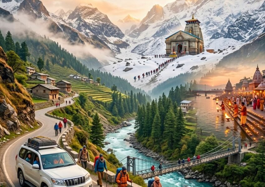 Pune to Kedarnath tour package featuring a scenic Himalayan route, pilgrims, a travel SUV, river, bridge, and Kedarnath Temple.
