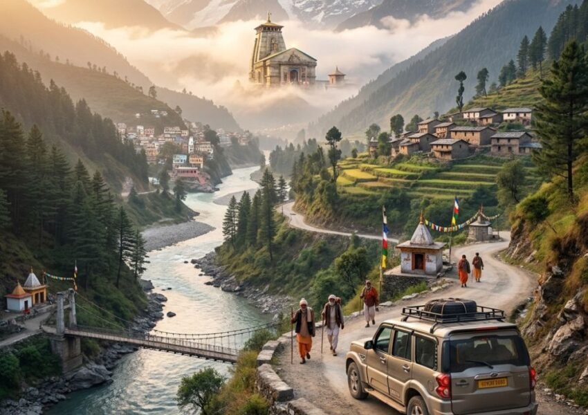 Chennai to Kedarnath Yatra route featuring Himalayan roads, pilgrims, Rishikesh, and Kedarnath Temple in Uttarakhand
