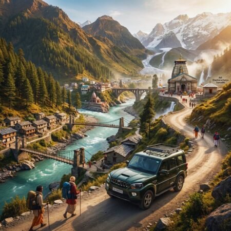 Hyderabad to Kedarnath Yatra route featuring Himalayan roads, Mandakini Valley, pilgrims, and Kedarnath Temple in Uttarakhand