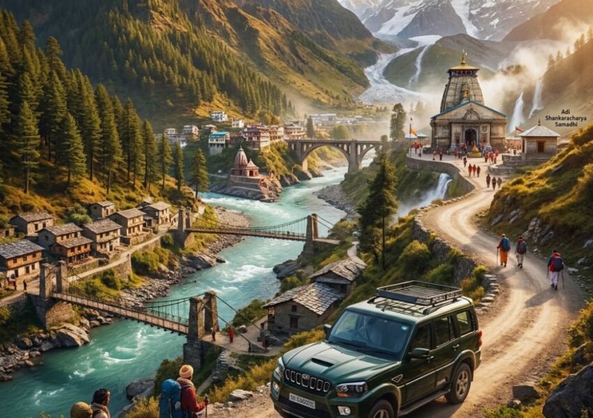 Hyderabad to Kedarnath Yatra route featuring Himalayan roads, Mandakini Valley, pilgrims, and Kedarnath Temple in Uttarakhand