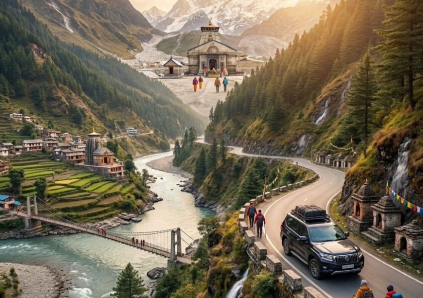 Indore to Kedarnath Yatra route featuring Himalayan roads, Mandakini Valley, pilgrims, and Kedarnath Temple in Uttarakhand
