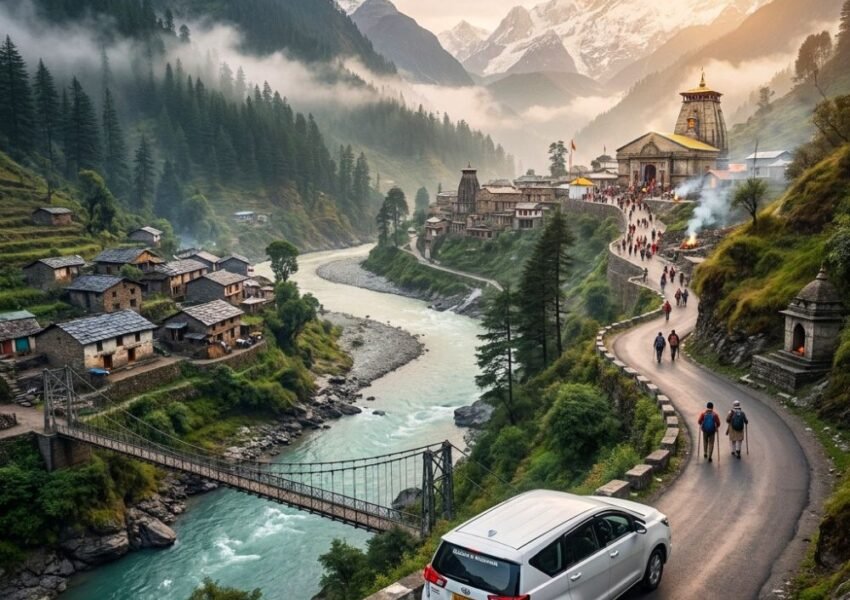 Kolkata to Kedarnath pilgrimage route featuring Himalayan roads, river valleys, pilgrims, and Kedarnath Temple in Uttarakhand