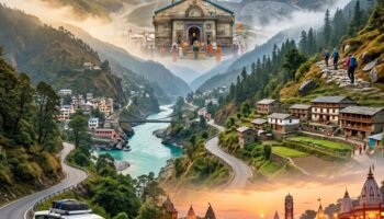 Mumbai to Kedarnath Yatra Package featuring Dehradun arrival, Haridwar Ganga Aarti, Himalayan mountain roads, Kedarnath Temple, trekking route, and scenic Uttarakhand landscapes.
