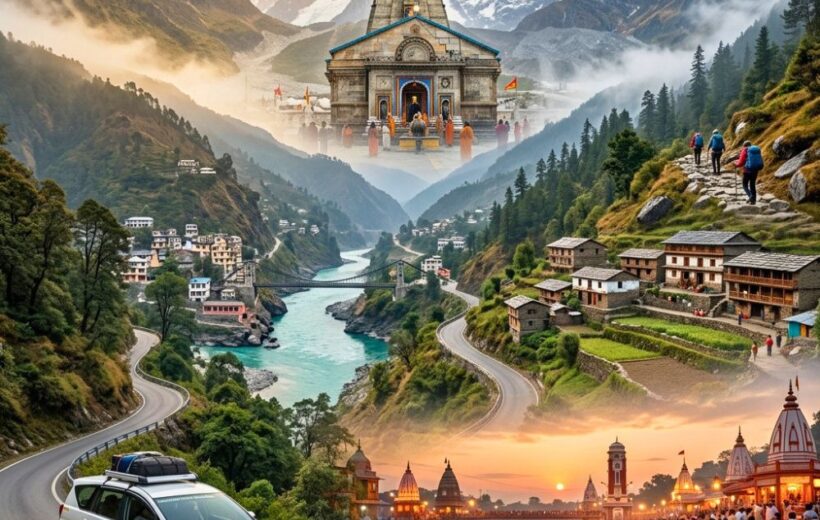 Mumbai to Kedarnath Yatra Package featuring Dehradun arrival, Haridwar Ganga Aarti, Himalayan mountain roads, Kedarnath Temple, trekking route, and scenic Uttarakhand landscapes.