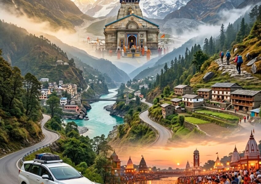 Mumbai to Kedarnath Yatra Package featuring Dehradun arrival, Haridwar Ganga Aarti, Himalayan mountain roads, Kedarnath Temple, trekking route, and scenic Uttarakhand landscapes.