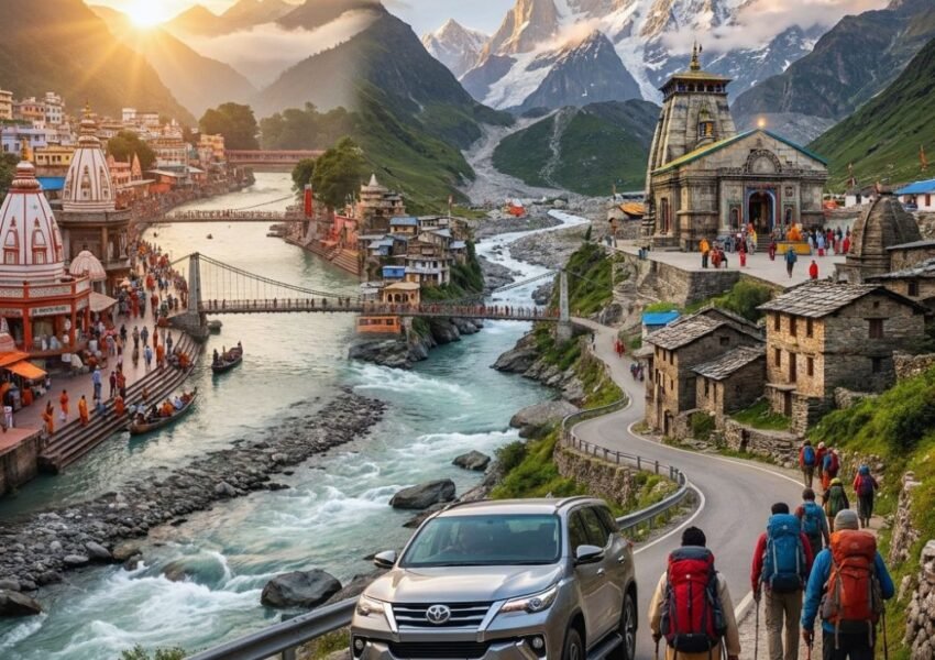 Nagpur to Kedarnath Yatra route featuring Himalayan roads, Mandakini Valley, pilgrims, and Kedarnath Temple in Uttarakhand