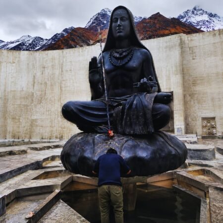 Adi Shankaracharya Samadhi and statue located near Kedarnath Temple, an important pilgrimage site visited during the Kedarnath Yatra.