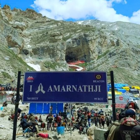 Pilgrims arriving at the Amarnath Cave entrance near Baltal Base Camp during the annual Amarnath Yatra in Jammu and Kashmir.