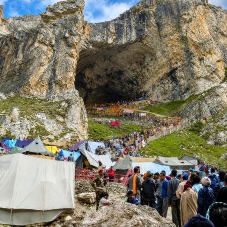 Pilgrims walking towards the sacred Amarnath Cave through the Baltal route during the annual Amarnath Yatra in Jammu and Kashmir, India.