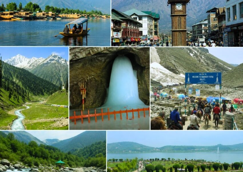 Photo collage featuring Dal Lake, Shikara Ride, Lal Chowk, Sonmarg Valley, Baltal Base Camp, Amarnath Cave Ice Shivling, Sindh River, and Srinagar Gardens included in the Amarnath Yatra Tour Package from Delhi.