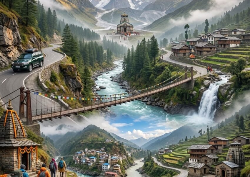 Bangalore to Kedarnath Tour Package route featuring Himalayan roads, pilgrims, Mandakini valley, and Kedarnath Temple in Uttarakhand