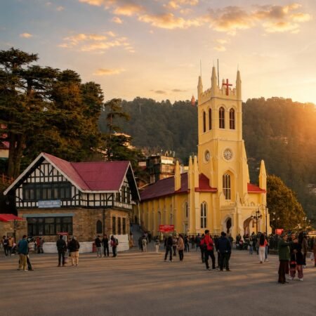 Christ Church and The Ridge in Shimla during golden hour, featured in the Shimla Tour Package from Delhi with scenic colonial architecture and Himalayan surroundings.