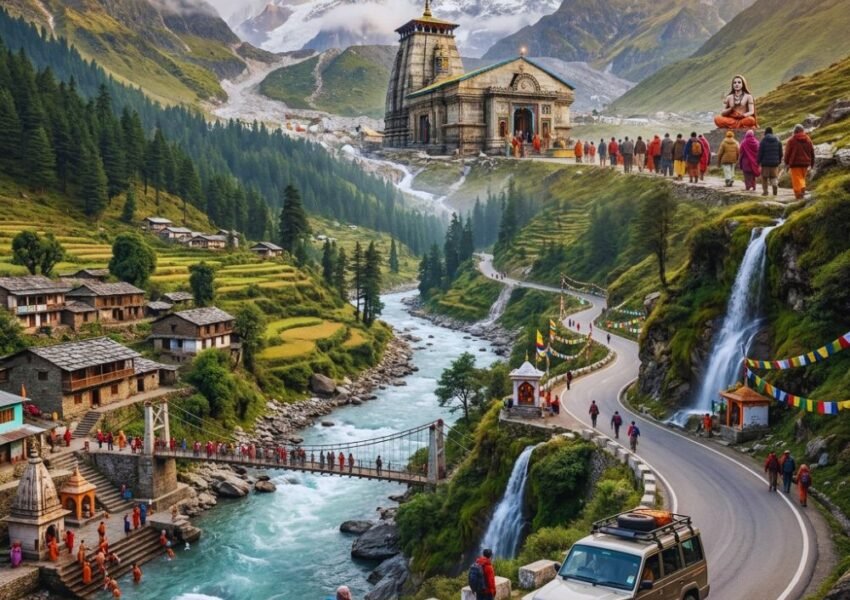 Dehradun to Kedarnath Yatra route featuring Himalayan roads, river valleys, pilgrims, mountain villages, and Kedarnath Temple in Uttarakhand