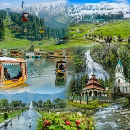 Featured image of the Delhi to Gulmarg tour package showcasing Gulmarg Gondola, Apharwat Peak, Dal Lake Shikara, Drung Waterfall and Srinagar Mughal Gardens in Kashmir