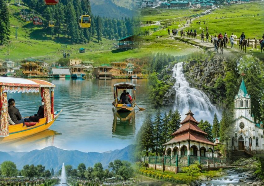 Featured image of the Delhi to Gulmarg tour package showcasing Gulmarg Gondola, Apharwat Peak, Dal Lake Shikara, Drung Waterfall and Srinagar Mughal Gardens in Kashmir