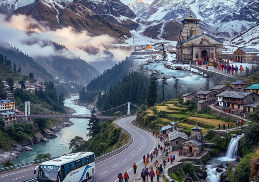 Delhi to Kedarnath Yatra route featuring Haridwar, Rishikesh, Himalayan roads, pilgrims, and Kedarnath Temple in Uttarakhand