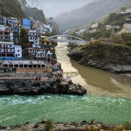 Devprayag Sangam where the Alaknanda and Bhagirathi rivers meet to form the Ganga in Uttarakhand