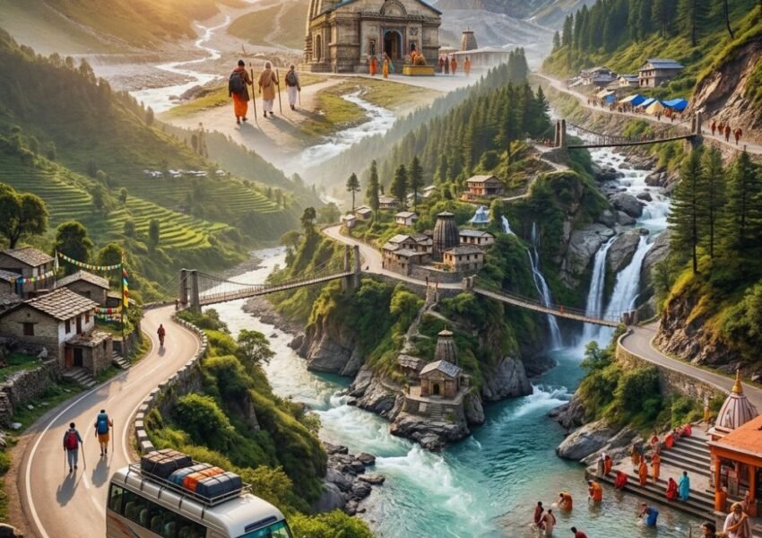 Haridwar to Kedarnath Yatra route featuring Himalayan roads, pilgrims, Mandakini Valley, and Kedarnath Temple in Uttarakhand