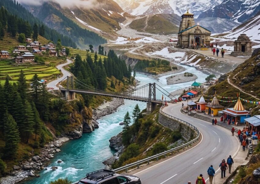 Kedarnath Yatra route with mountain road, river valley, pilgrims, bridge, and Kedarnath Temple in Uttarakhand