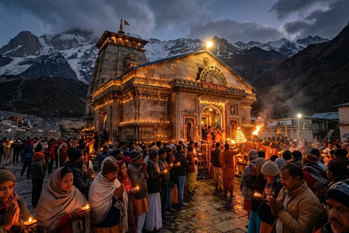 Evening aarti ceremony at Kedarnath Temple with devotees offering prayers