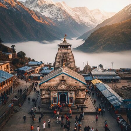 Aerial view of Kedarnath Temple surrounded by Himalayan valleys and snow-covered mountains in Uttarakhand