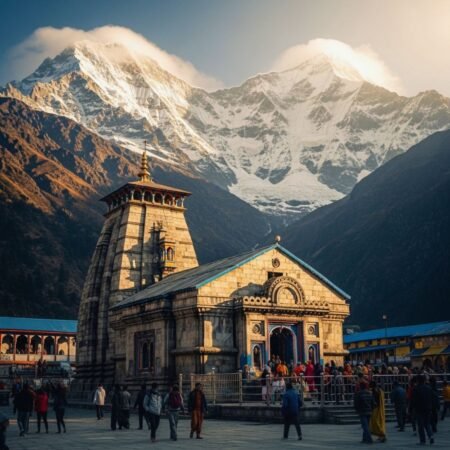 Kedarnath Temple with snow-covered Himalayan peaks and pilgrims in Uttarakhand