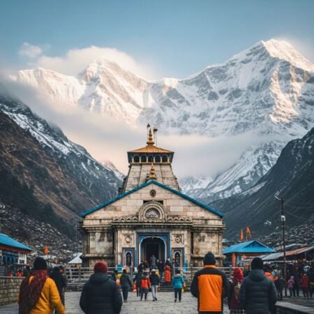 Pilgrims walking towards Kedarnath Temple with snow-covered Himalayan peaks in Uttarakhand