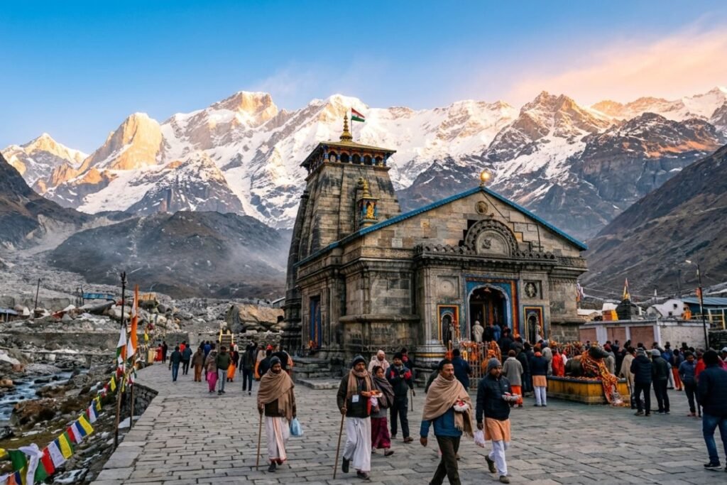 Kedarnath Temple at sunrise with snow-covered Himalayan mountains in Uttarakhand