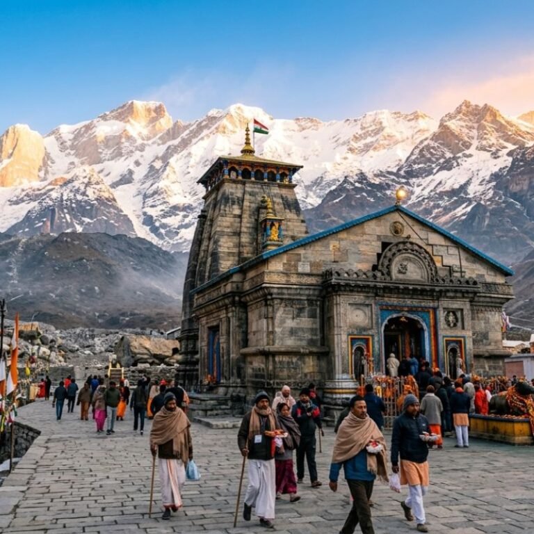 Kedarnath Temple at sunrise with snow-covered Himalayan mountains in Uttarakhand