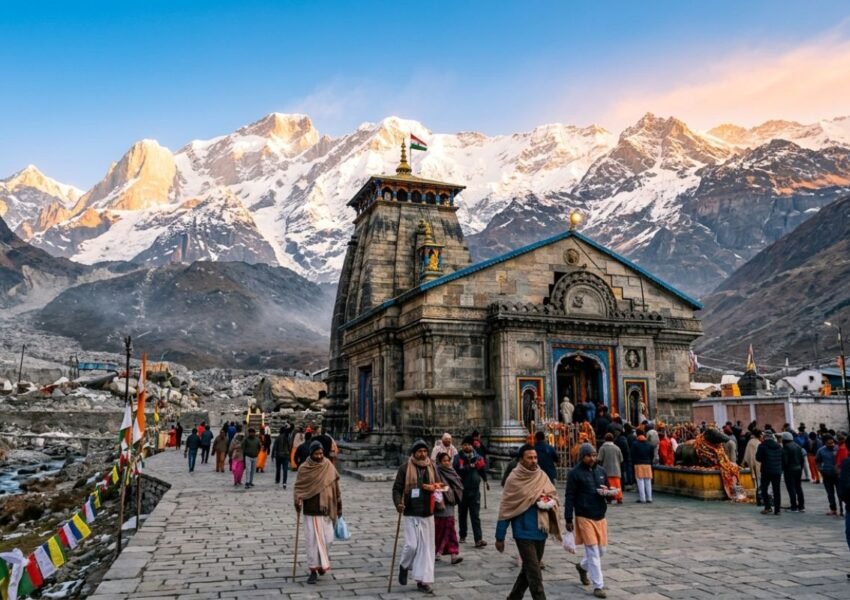 Kedarnath Temple at sunrise with snow-covered Himalayan mountains in Uttarakhand