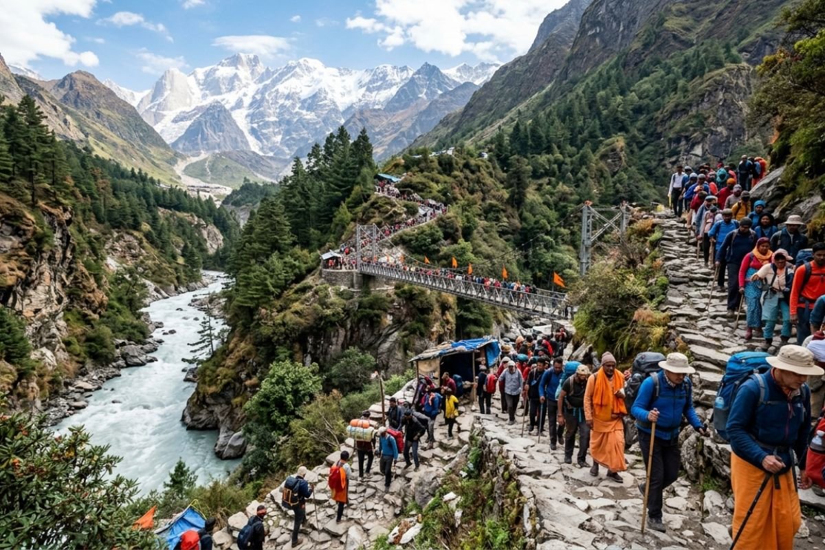 Pilgrims trekking from Gaurikund to Kedarnath through the Himalayan mountains