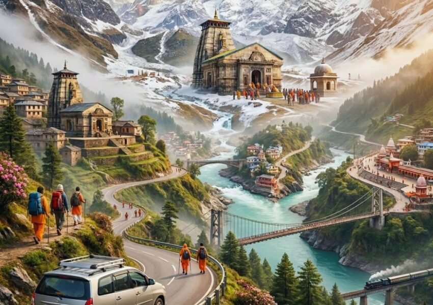 Lucknow to Kedarnath Yatra route featuring Haridwar, Himalayan roads, pilgrims, and Kedarnath Temple in Uttarakhand