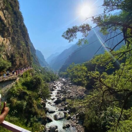 Mandakini River valley with trekking route and Himalayan mountains on the way to Kedarnath