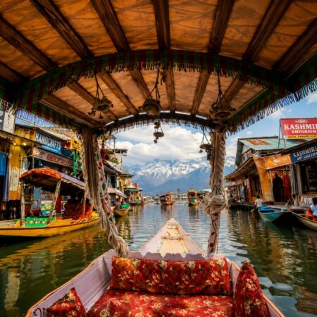 Traditional Shikara ride through the floating market on Dal Lake in Srinagar, Kashmir