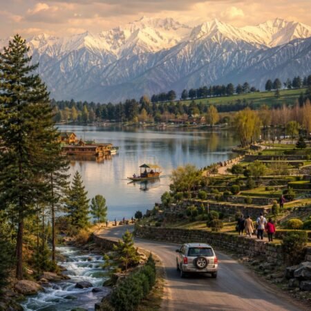 Srinagar tour package from Delhi covering Dal Lake, houseboat stay, Mughal Gardens, and Gulmarg mountain views