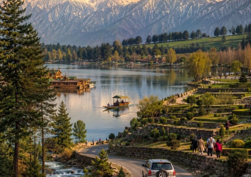 Srinagar tour package from Delhi covering Dal Lake, houseboat stay, Mughal Gardens, and Gulmarg mountain views