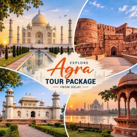 Agra Tour Package from Delhi featuring the Taj Mahal, Agra Fort, Itmad-ud-Daulah (Baby Taj), and Mehtab Bagh in a same-day sightseeing tour.