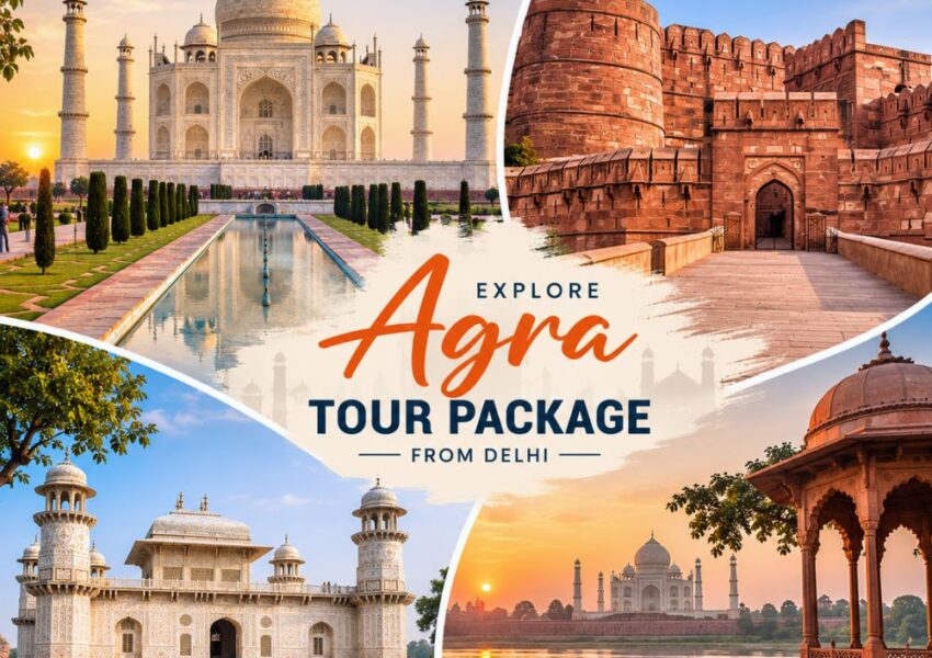Agra Tour Package from Delhi featuring the Taj Mahal, Agra Fort, Itmad-ud-Daulah (Baby Taj), and Mehtab Bagh in a same-day sightseeing tour.