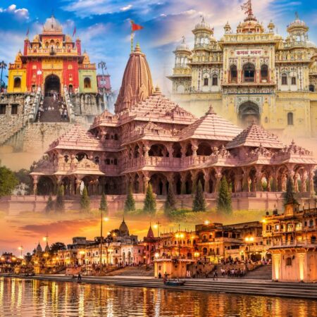 Featured image of the Ayodhya Tour Package from Delhi showcasing Shri Ram Janmabhoomi Mandir, Hanuman Garhi, Kanak Bhawan, and Ram Ki Paidi on the banks of the Saryu River.