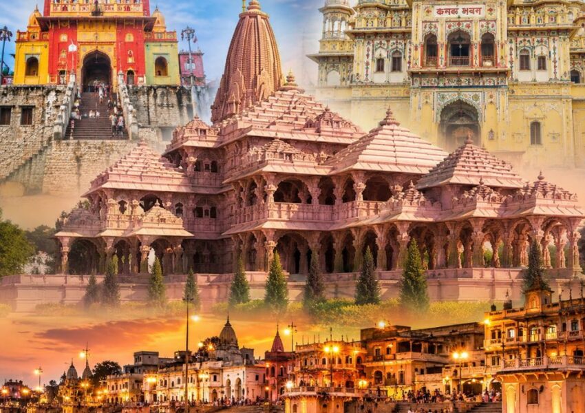Featured image of the Ayodhya Tour Package from Delhi showcasing Shri Ram Janmabhoomi Mandir, Hanuman Garhi, Kanak Bhawan, and Ram Ki Paidi on the banks of the Saryu River.