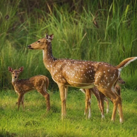 Spotted chital deer with a young fawn grazing in the lush grasslands of Ranthambore National Park, Sawai Madhopur, Rajasthan.