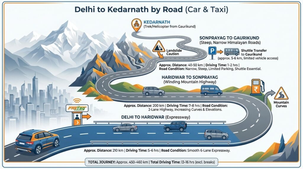 Delhi to Kedarnath distance route map showing road journey, trek, travel time, and transport options from Delhi to Kedarnath Temple.