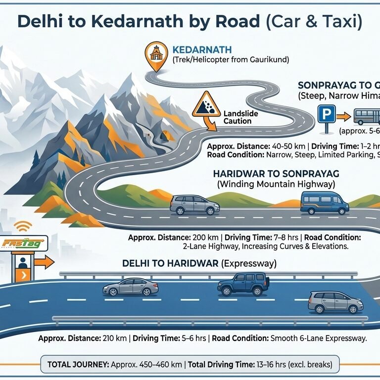 Delhi to Kedarnath distance route map showing road journey, trek, travel time, and transport options from Delhi to Kedarnath Temple.
