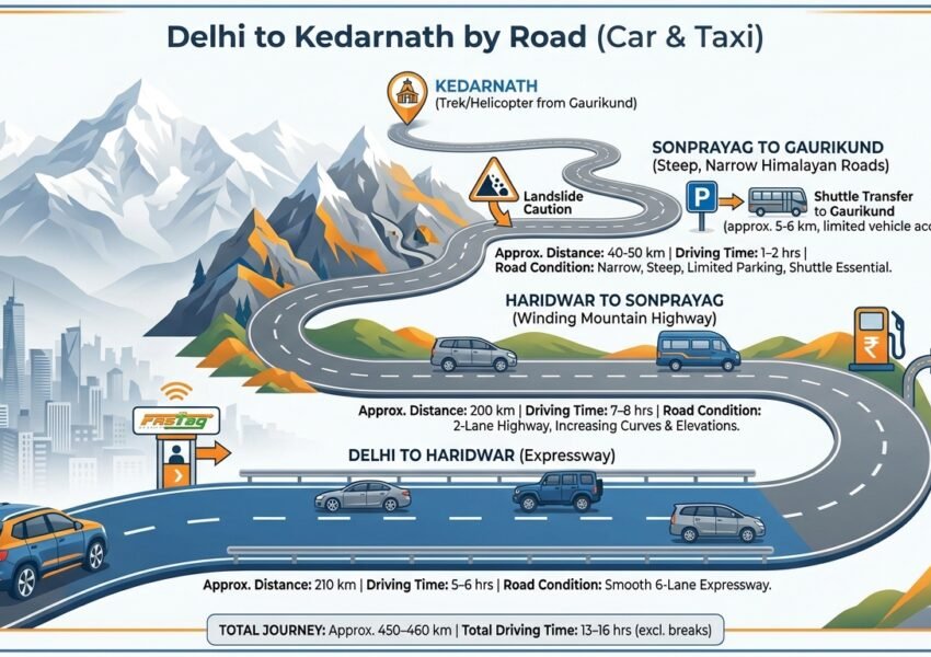 Delhi to Kedarnath distance route map showing road journey, trek, travel time, and transport options from Delhi to Kedarnath Temple.