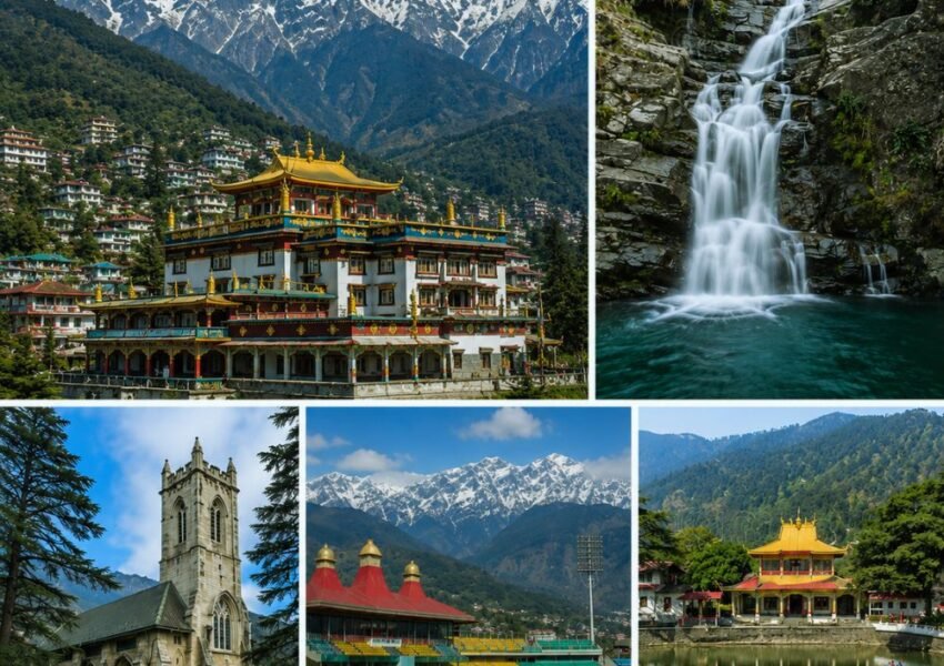 Scenic collage of Dharamshala featuring Namgyal Monastery, Bhagsu Waterfall, St. John in the Wilderness, HPCA Stadium, Dal Lake, and the Dhauladhar Mountains.