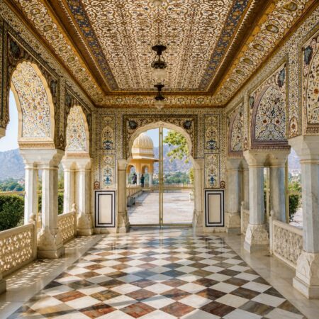 Ornate marble corridor inside Diwan-e-Khas at City Palace Jaipur, Rajasthan, featuring intricate floral artwork, arched architecture, and a polished checkerboard marble floor.