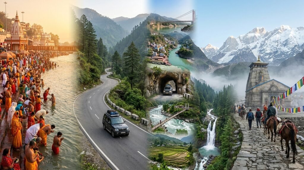 Haridwar to Kedarnath road journey showing a Himalayan highway, pilgrims trekking from Gaurikund, and Kedarnath Temple in the background.