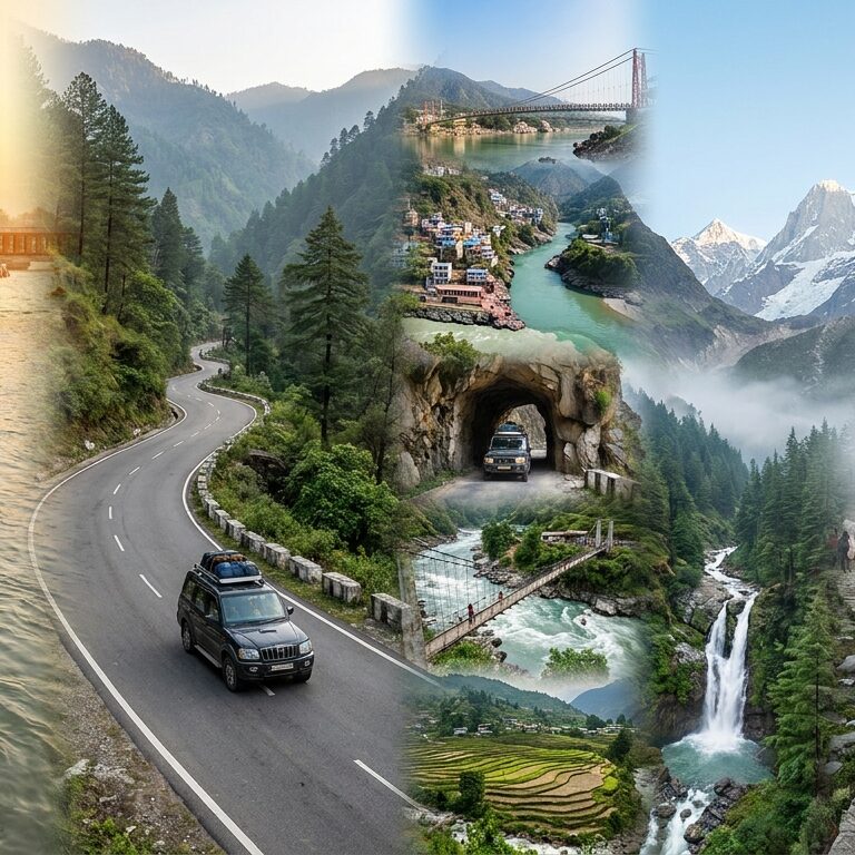 Haridwar to Kedarnath road journey showing a Himalayan highway, pilgrims trekking from Gaurikund, and Kedarnath Temple in the background.