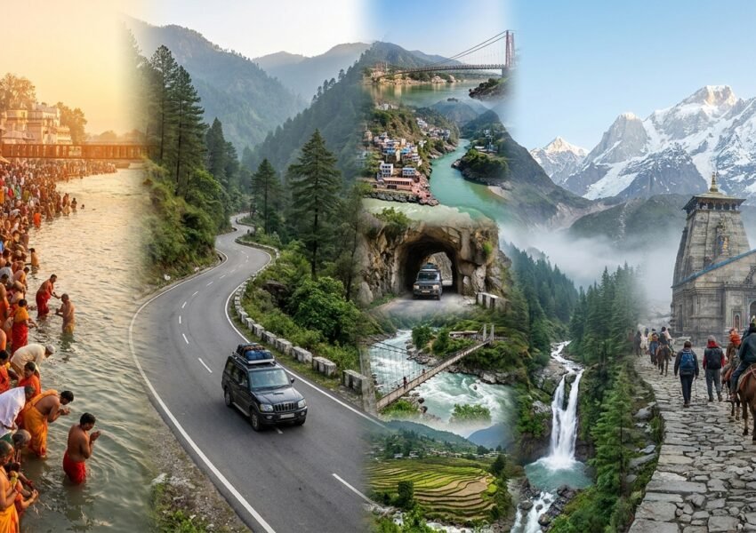 Haridwar to Kedarnath road journey showing a Himalayan highway, pilgrims trekking from Gaurikund, and Kedarnath Temple in the background.