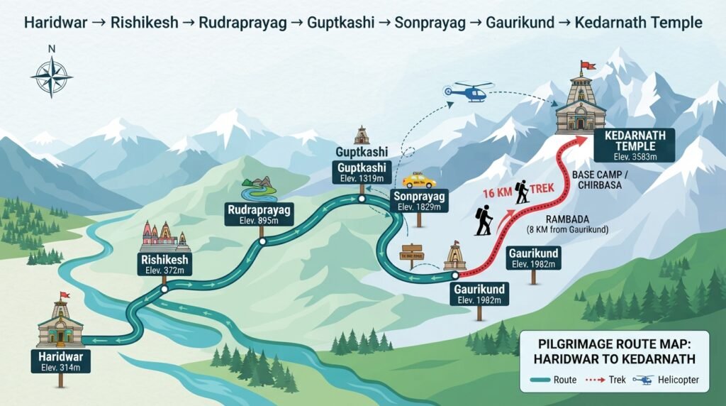Route map showing the journey from Haridwar and Rishikesh to Guptkashi, Sonprayag, Gaurikund, and Kedarnath Temple with trekking and helicopter options.